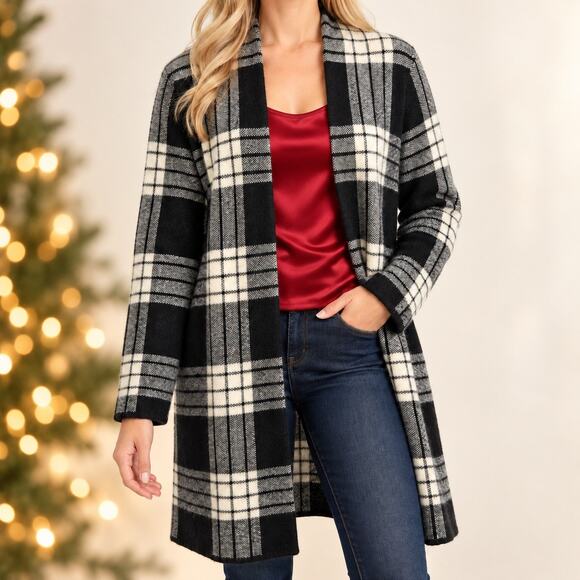 Talbots Sweaters - Talbots Sz Large Cozy Knit Open Front Black Plaid Open Front Sweater Christmas